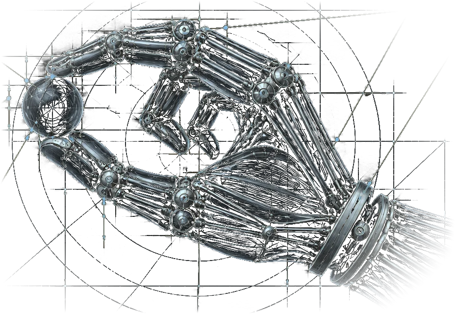 A robotic hand in steel tones holding a small sphere between thumb and fingers.